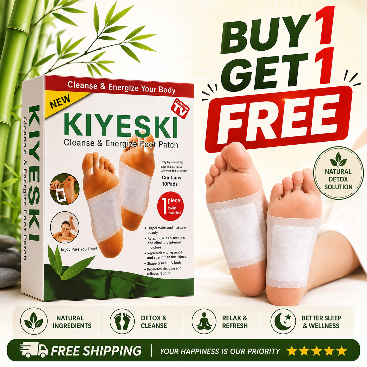 KIYESKI Cleansing Detox Foot Patches - 10  Adhesive Pads Kit for Natural Toxin Removal & Foot Health(BUY 1 GET 1 FREE)