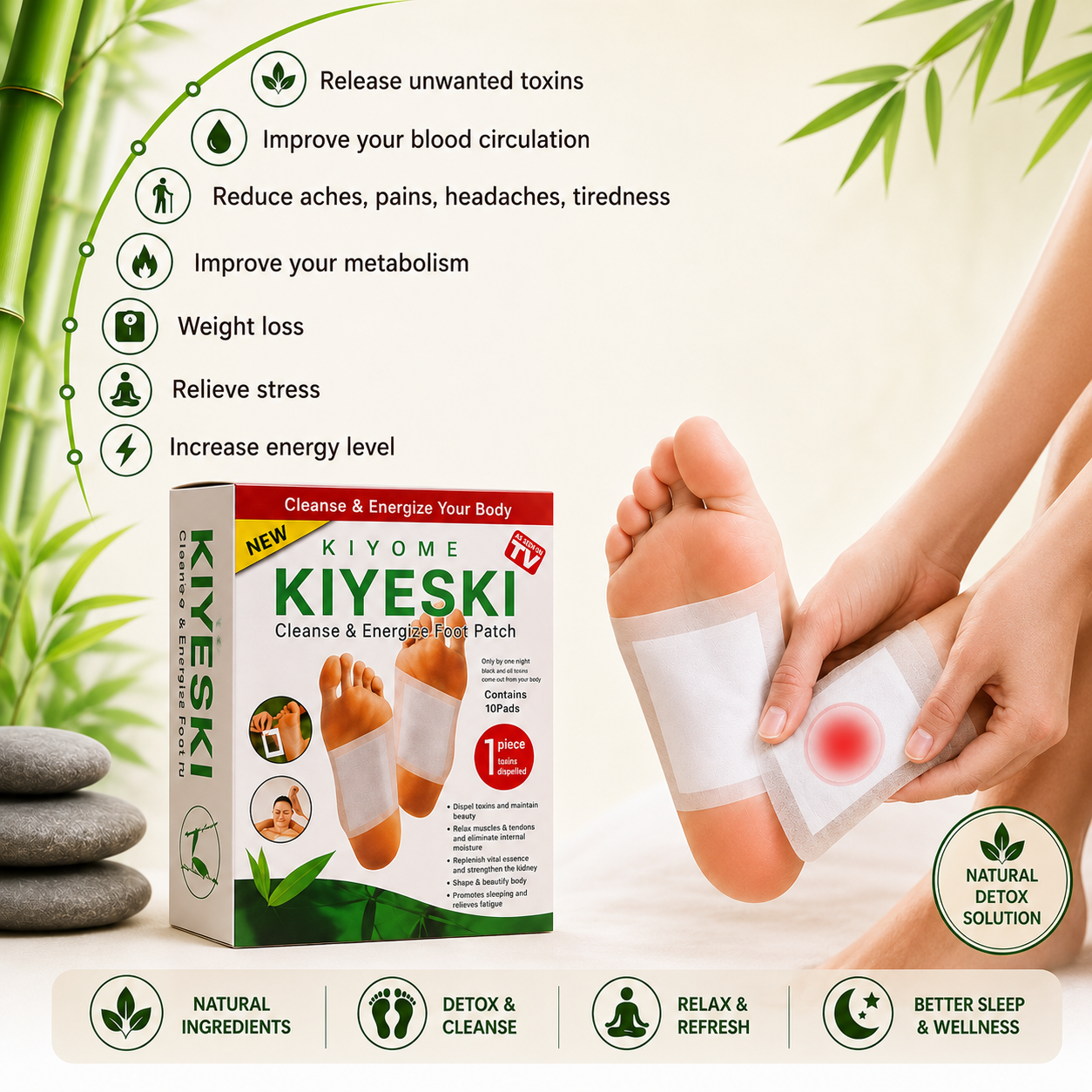 KIYESKI Cleansing Detox Foot Patches - 10  Adhesive Pads Kit for Natural Toxin Removal & Foot Health(BUY 1 GET 1 FREE)