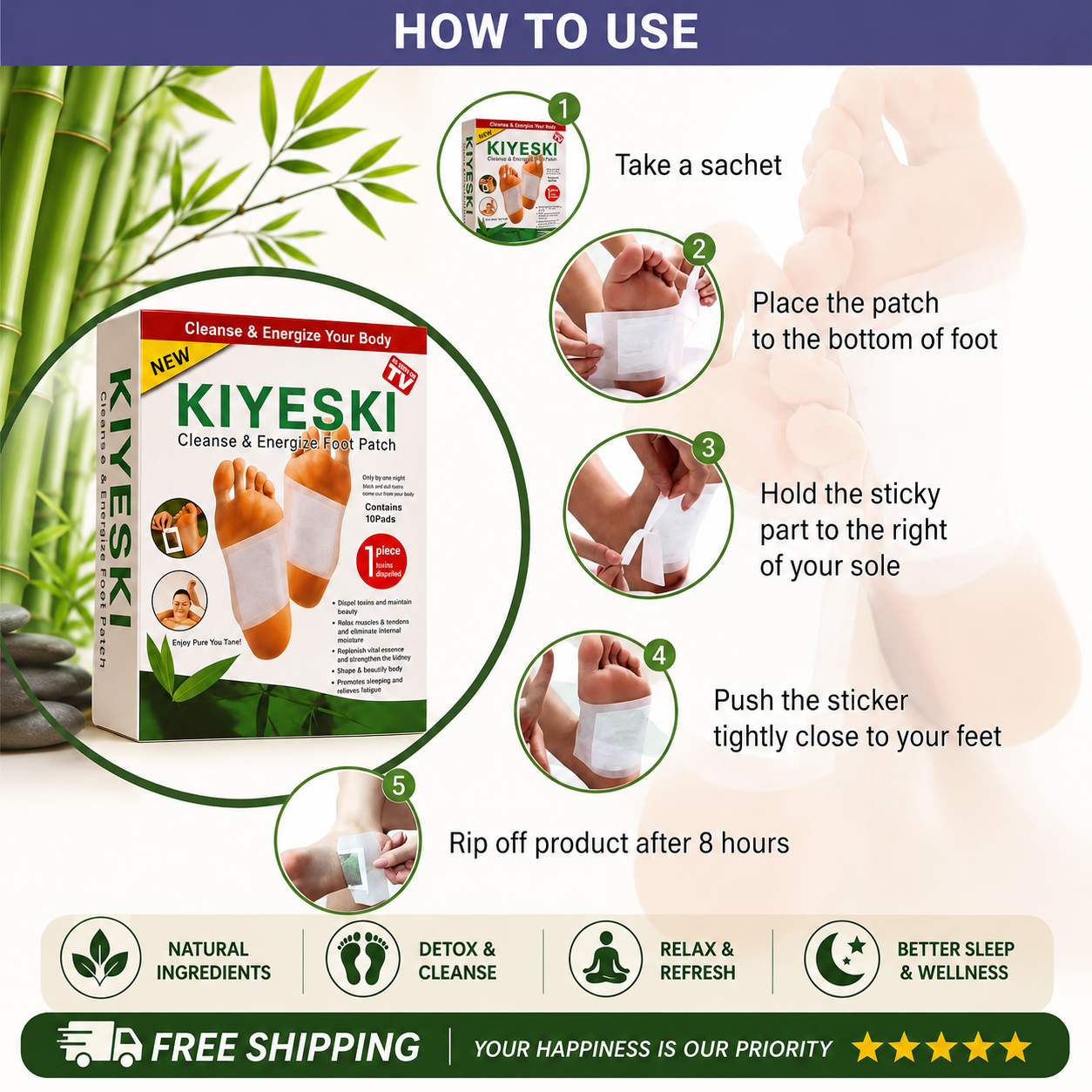 KIYESKI Cleansing Detox Foot Patches - 10  Adhesive Pads Kit for Natural Toxin Removal & Foot Health(BUY 1 GET 1 FREE)