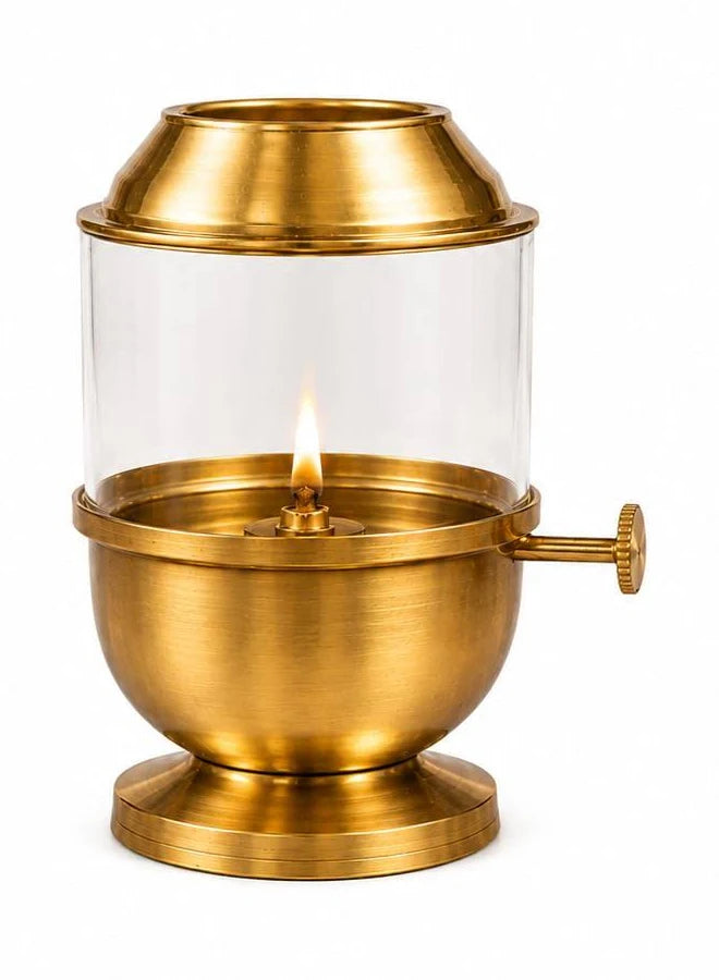 Pure Brass Akhand Jyot Diya with Adjustable Wick Knob | Lifting Screw Lever | Borosilicate Glass Cover | Wick Included, 250 ml Oil Capacity 48-Hour