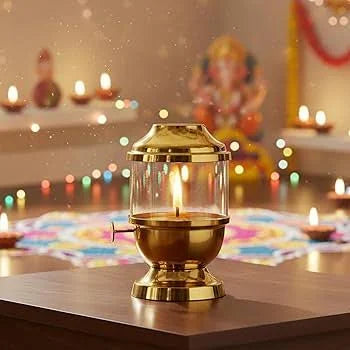 Pure Brass Akhand Jyot Diya with Adjustable Wick Knob | Lifting Screw Lever | Borosilicate Glass Cover | Wick Included, 250 ml Oil Capacity 48-Hour