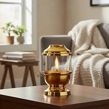 Pure Brass Akhand Jyot Diya with Adjustable Wick Knob | Lifting Screw Lever | Borosilicate Glass Cover | Wick Included, 250 ml Oil Capacity 48-Hour