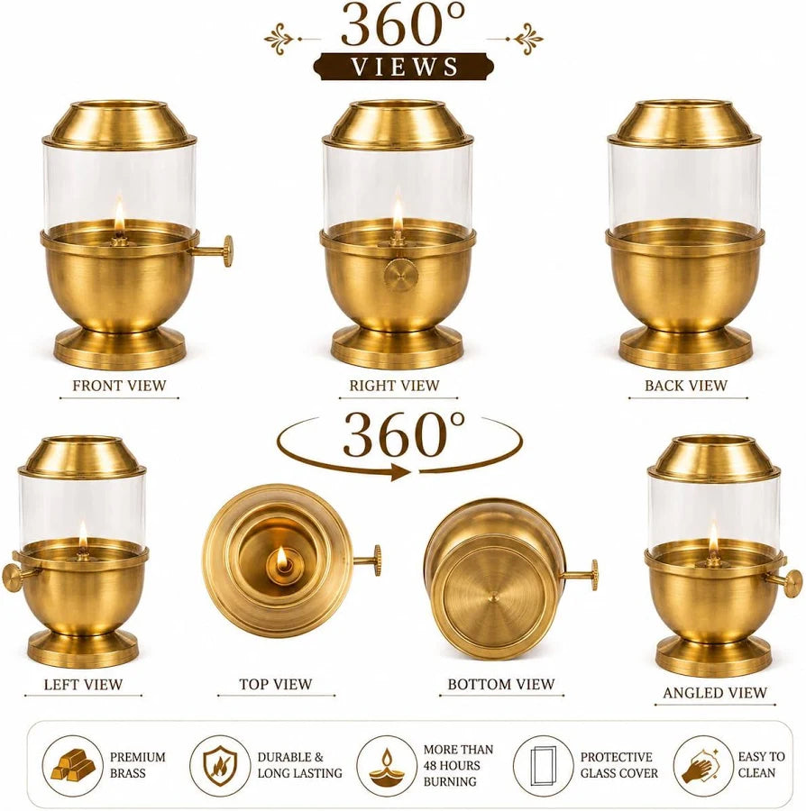 Pure Brass Akhand Jyot Diya with Adjustable Wick Knob | Lifting Screw Lever | Borosilicate Glass Cover | Wick Included, 250 ml Oil Capacity 48-Hour