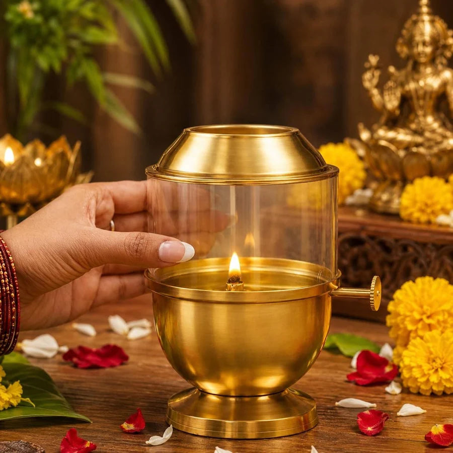 Pure Brass Akhand Jyot Diya with Adjustable Wick Knob | Lifting Screw Lever | Borosilicate Glass Cover | Wick Included, 250 ml Oil Capacity 48-Hour