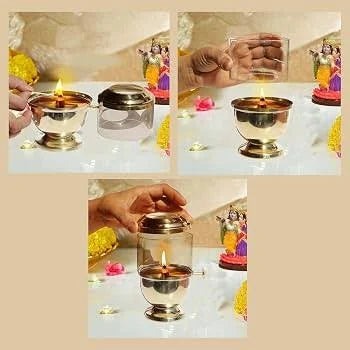Pure Brass Akhand Jyot Diya with Adjustable Wick Knob | Lifting Screw Lever | Borosilicate Glass Cover | Wick Included, 250 ml Oil Capacity 48-Hour