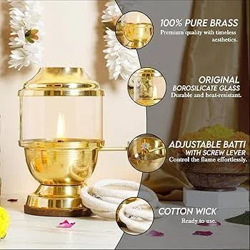 Pure Brass Akhand Jyot Diya with Adjustable Wick Knob | Lifting Screw Lever | Borosilicate Glass Cover | Wick Included, 250 ml Oil Capacity 48-Hour